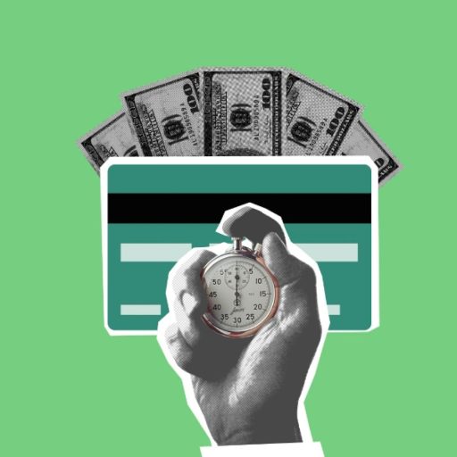 Illustration of cutout person hand timing stopwatch against credit card and cash money on green background